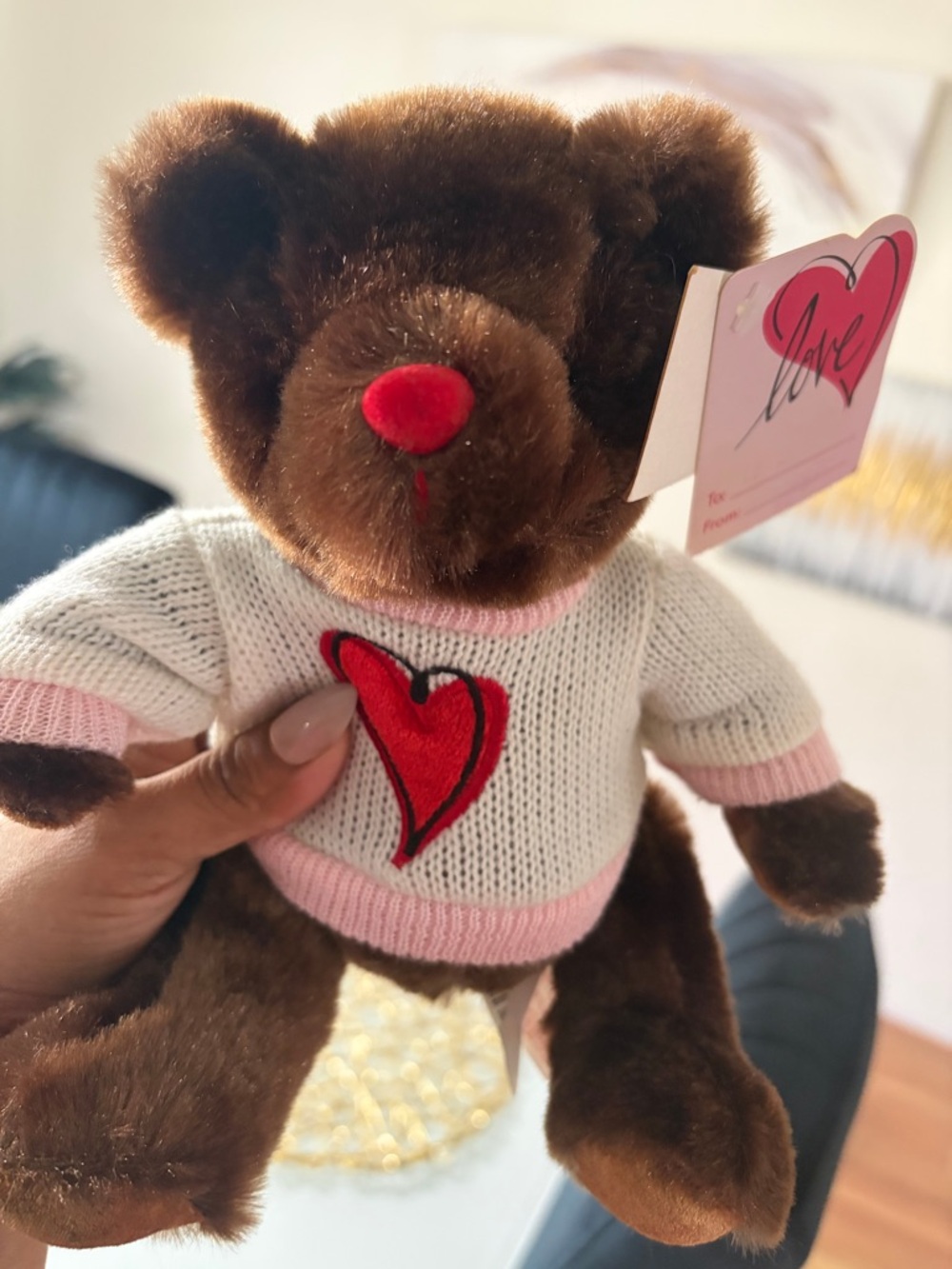 Plush Brown Teddy Bear with Red Heart Sweater - Love Tag - Picture 4 of 6